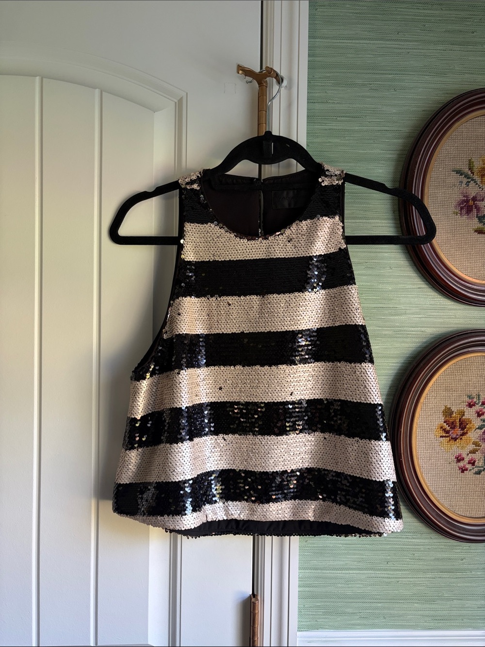 Cropped Black and Champagne Sequin Striped Top